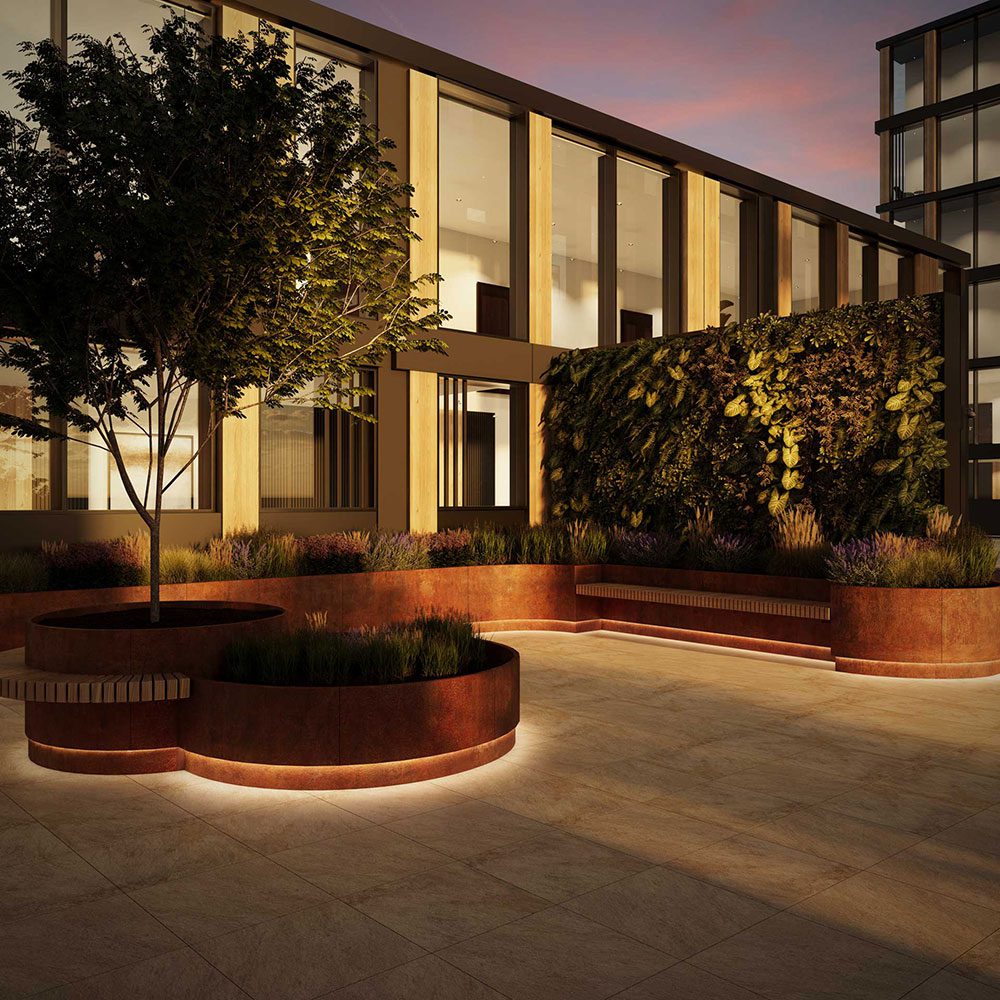 Contour planter system in Corten finish with lighting
