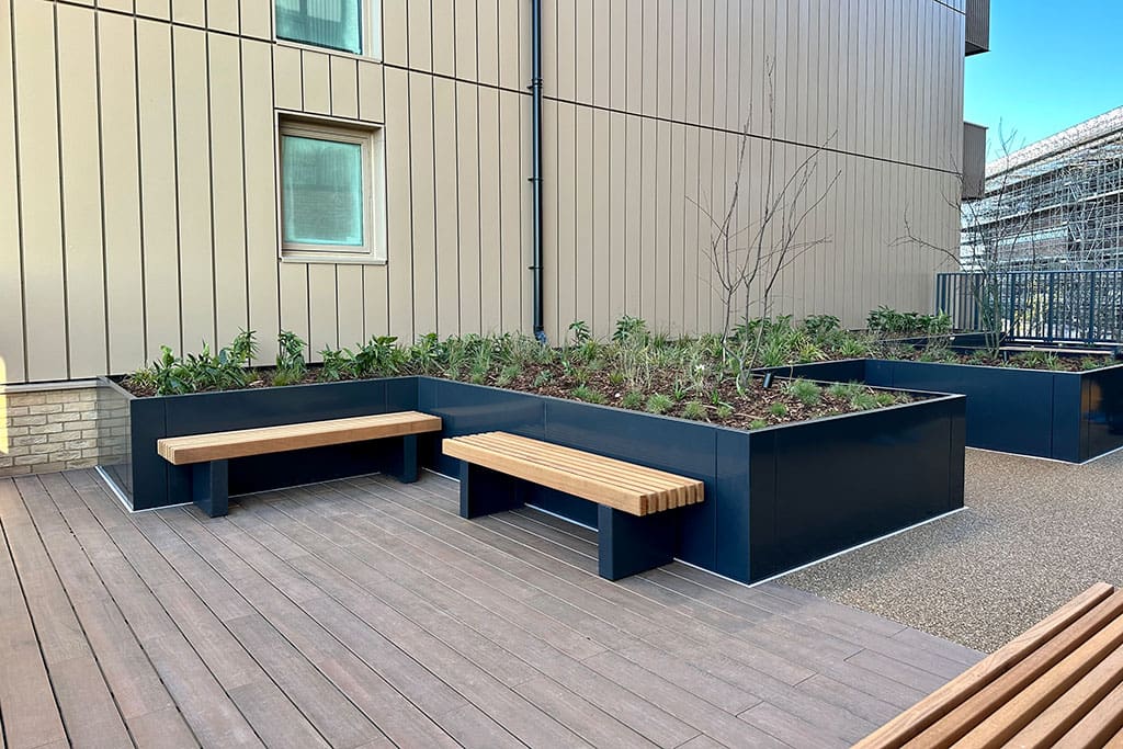 Benches and planters on Vitrified Composite and Resin Bound Gravel
