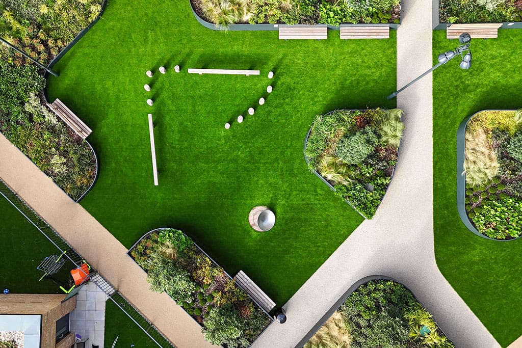 Aerial view of planters and grass