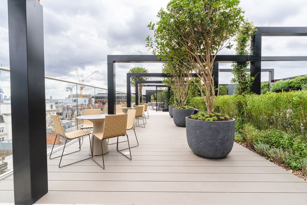 One James Street terrace seating and planters