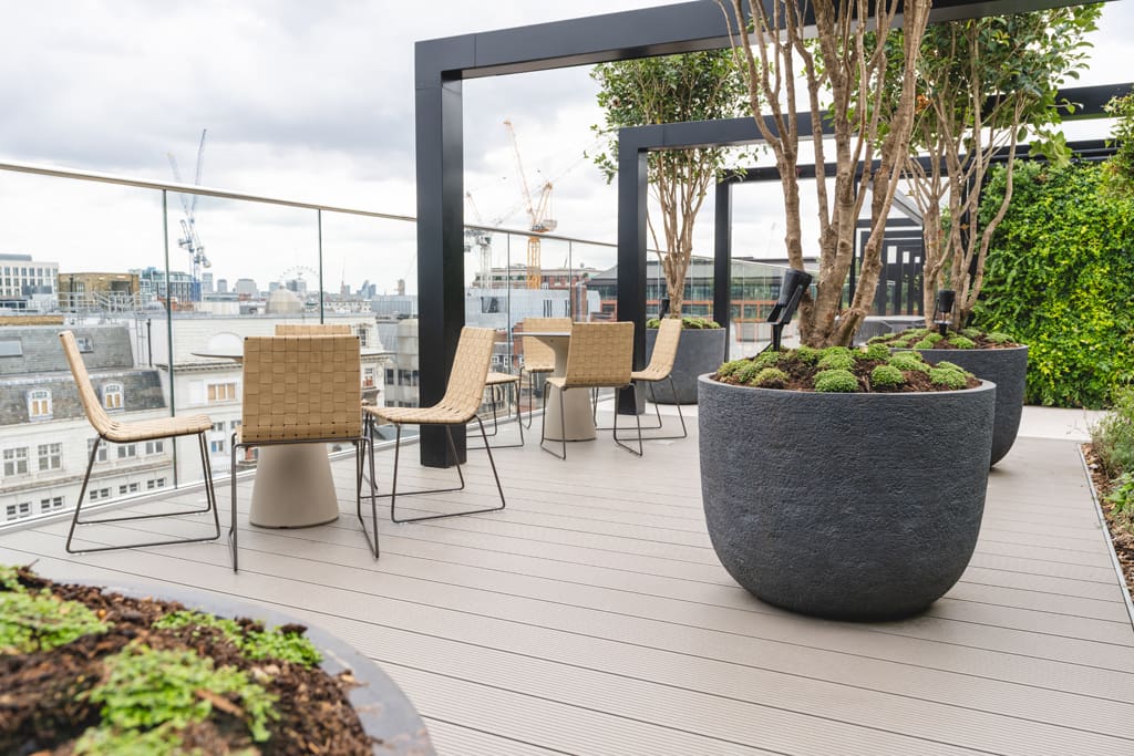 One James Street terrace seating and planters