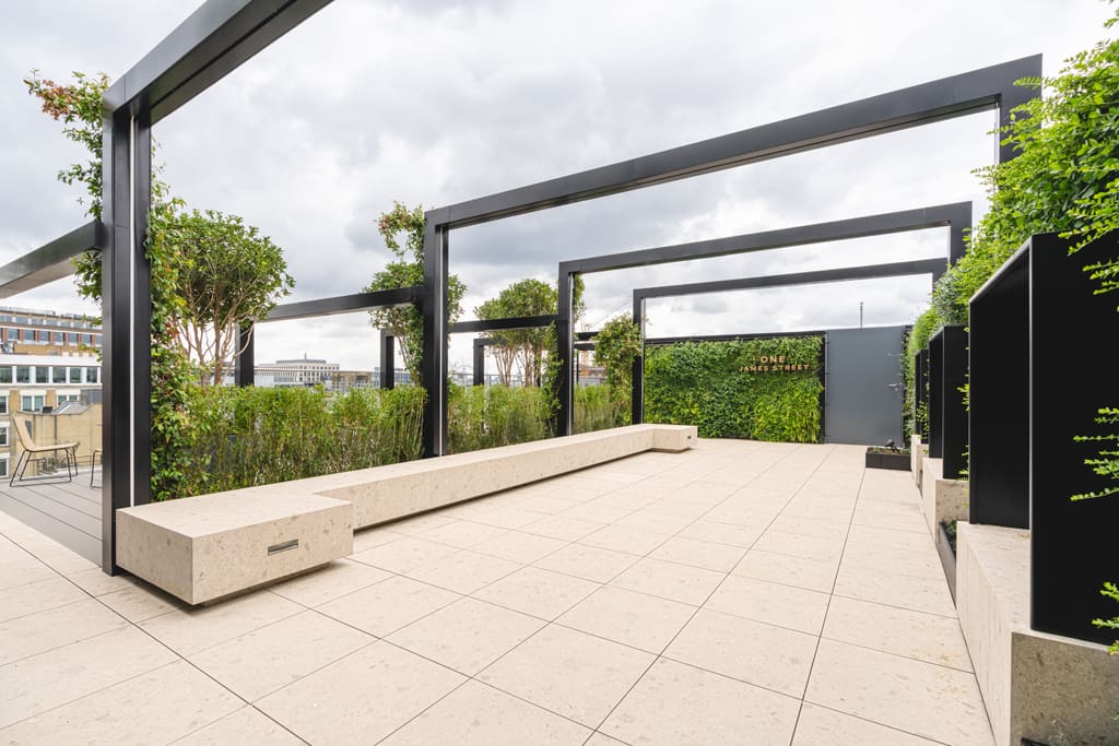 One James Street terrace porcelain benches