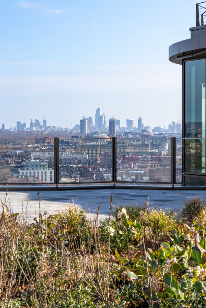 Paved roof terrace and city view