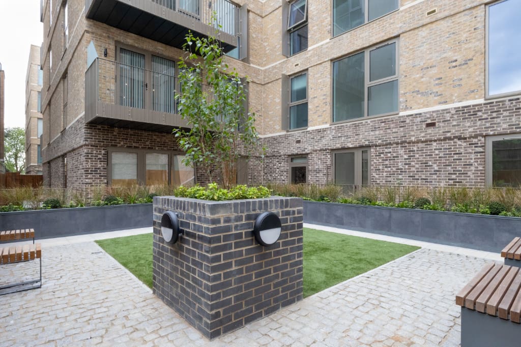 Eiger Porcelain Planters around courtyard