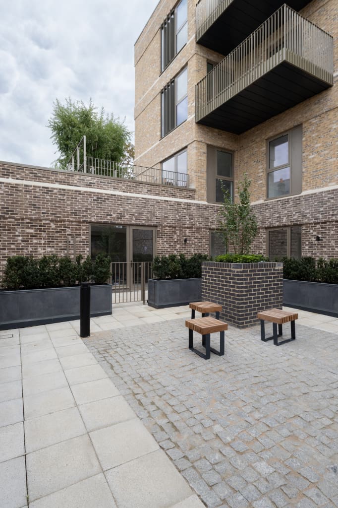 Eiger Porcelain Planters around courtyard
