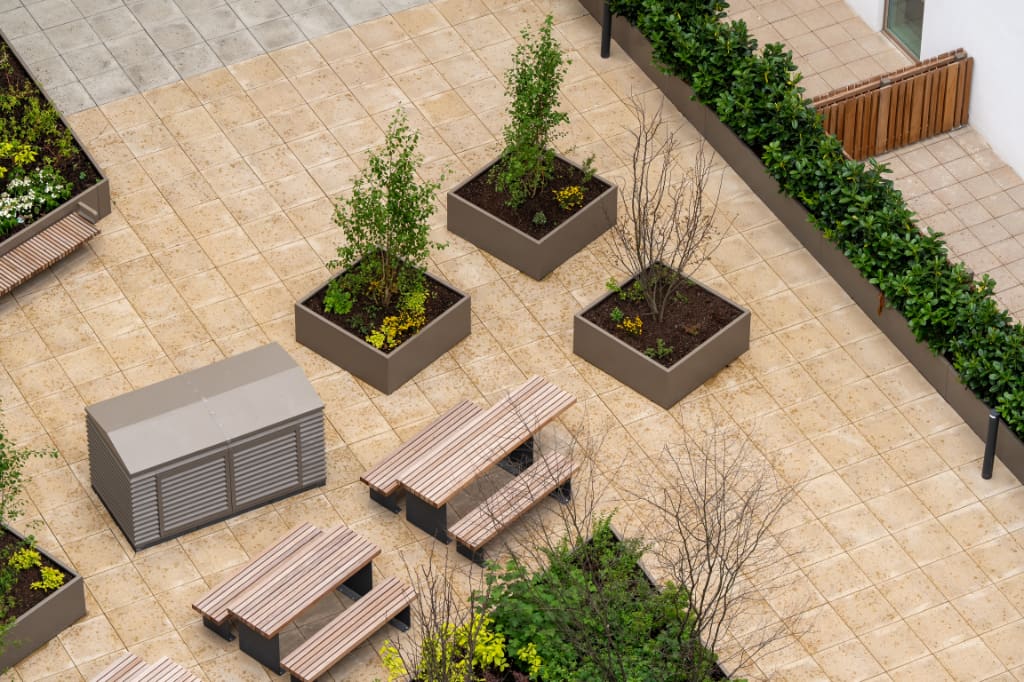 Planters, benches, and paving