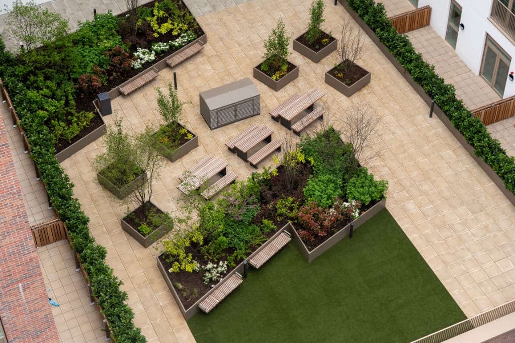 Planters, benches, and paving