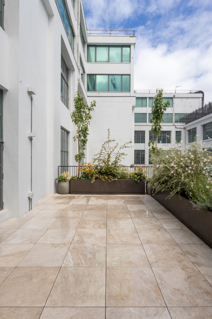 Planters on paved roof terrace